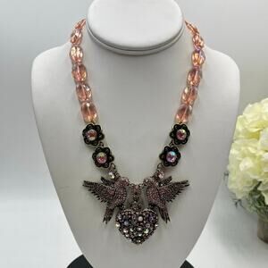 Designer Pink AB Crystal Pink Love Bird Heart Rhinestone Statement Necklace